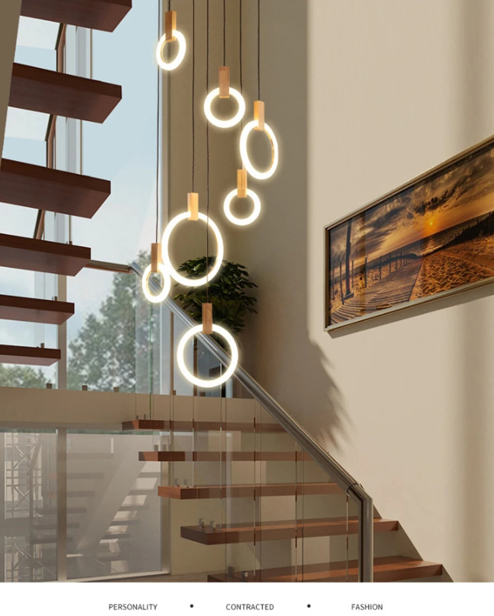 LED Chandelier Long Wooden Ring Pendant Lamp - Shine Room