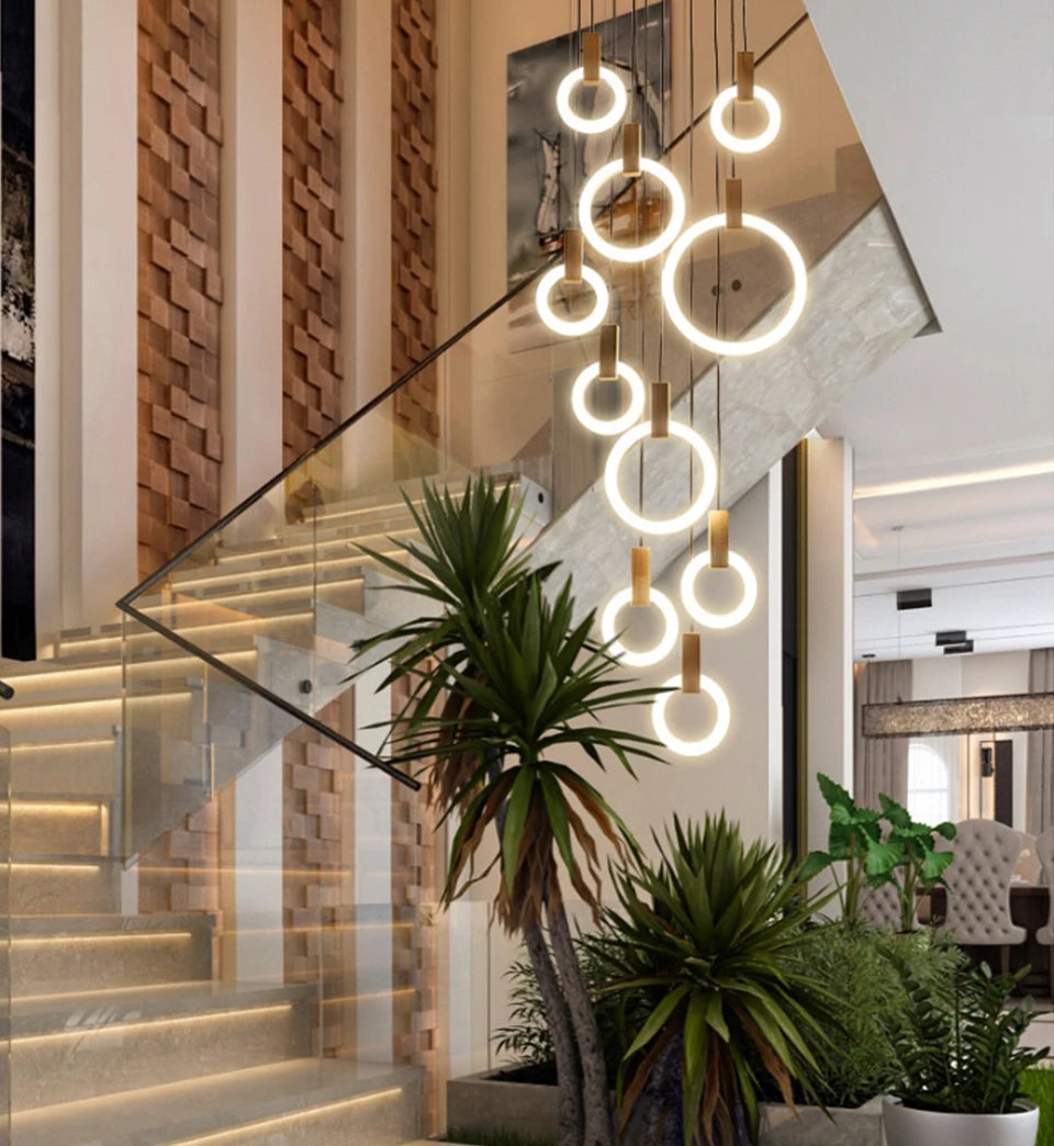 LED Chandelier Long Wooden Ring Pendant Lamp - Shine Room